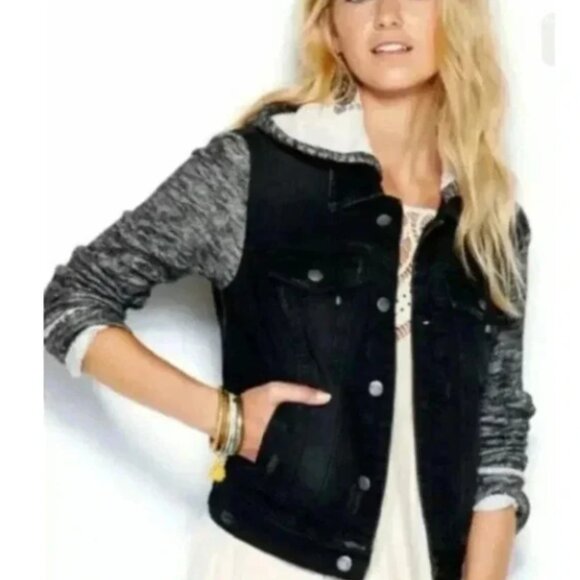 Free People Mixed Media Denim Jacket Hoodie Jean Pumice Black Boho Sz M - Picture 1 of 9